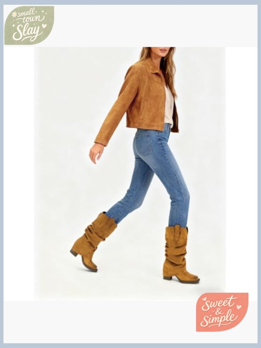 Faux Suede Fold Over Mid Calf Boots Square Toe Chunky Heel Pull On Booties - Picture 3 of 7